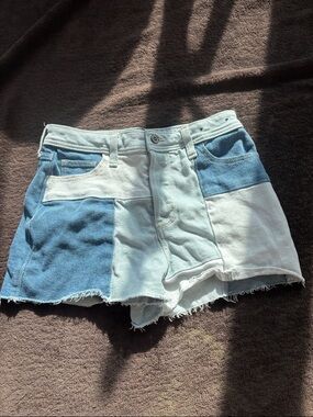 Hollister Two-Tone Patchwork Denim Shorts - Light Blue & White